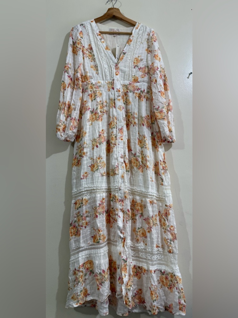 AUDREY PARKS White Floral Maxi Dress with Yellow & Pink Blooms